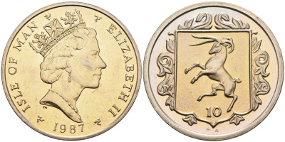 Остров Мэн 10 пенсов 1987 АА, овца, Елизавета II (1952) KM 146 медно-никель BUNC 4583-234