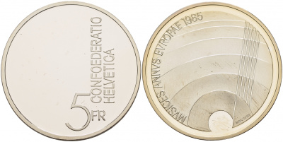 ШВЕЙЦАРИЯ 5 ФРАНКОВ 1985 ЕВРОПЕЙСКИЙ ГОД МУЗЫКИ KM 64 медно-никель PROOF 1087-3-51