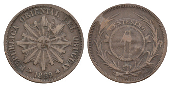 Уругвай 1 сентесимо 1869 KM 11 бронза 4629-1031