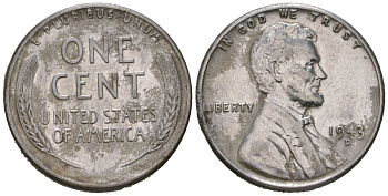 США 1 цент 1943 D, Авраам Линкольн KM 132a сталь плакированная цинком 211-1157