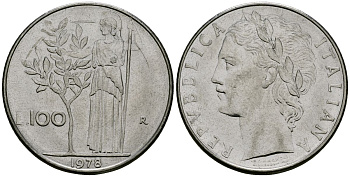 Италия 100 лир 1978 R, Афина у оливкого дерева KM 96.1 нержавеющая сталь 4137-236