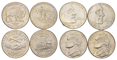 США полный набор из 4 монет (5 центов) 2004 и 2005 200 лет экспедиции Льюиса и Кларка - Приобретение Луизианы, Лодка, Бизон, Выход к океану KM 360, 361, 368 и 369 медно-никель UNC 4627-1121-1124