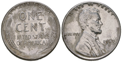 США 1 цент 1943 D, Авраам Линкольн KM 132a сталь плакированная цинком 211-1157