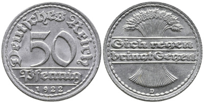 ГЕРМАНИЯ 50 ПФЕННИГОВ 1922 D KM 27, J. 301 алюминий 24-1057
