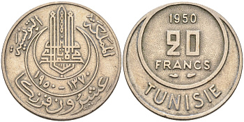 Тунис 20 франков 1950 KM 274 медно-никель 4586-426