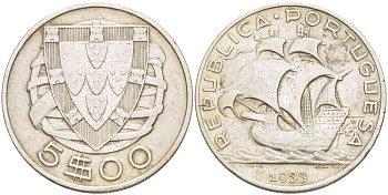 ПОРТУГАЛИЯ 5 ЭСКУДО 1933 ПАРУСНИК KM 581 серебро 1521-1242