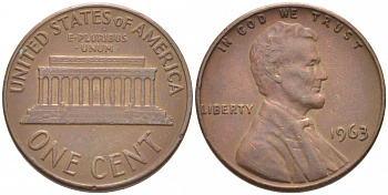 США 1 ЦЕНТ 1963 ЛИНКОЛЬН KM 201 медь цинк 105-1116