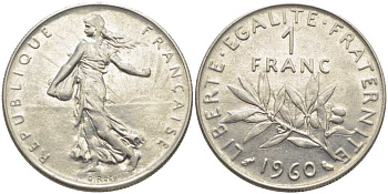 ФРАНЦИЯ 1 ФРАНК 1960 СЕЯТЕЛЬ KM 925.1, LE FRANC 226.4 никель 175-514