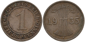 Германия 1 рейхспфенниг 1935 F KM 37, J. 313 бронза 4124-638