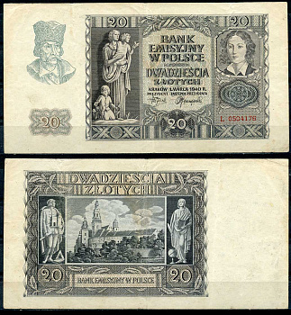 Польша 20 злотых 1940 Эмилия Плятер, королевский замок в Вавеле, Краков Pick 95 a, Розенберг 575 бумага 8607-61-2-2