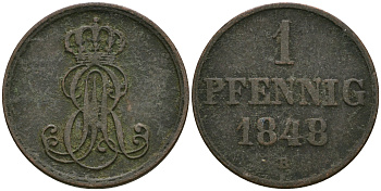 Ганновер 1 пфенниг 1848 B, Эрнст Август (1837-1851) KM 201.1, AKS 129, J. 74 медь 08-1435