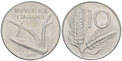 Италия 10 лир 1977 R, колосья, плуг KM 93 алюминий 259-127