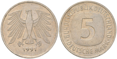 ФРГ 5 марок 1991 KM 140.1 медно-никель 4557-724