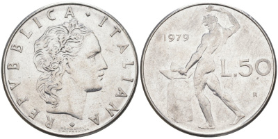 ИТАЛИЯ 50 ЛИР 1979 R, БОГ ОГНЯ ВУЛКАН У НАКОВАЛЬНИ KM 95.1 нержавеющая сталь 4525-1043
