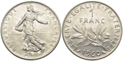 ФРАНЦИЯ 1 ФРАНК 1960 СЕЯТЕЛЬ KM 925.1, LE FRANC 226.4 никель 175-514