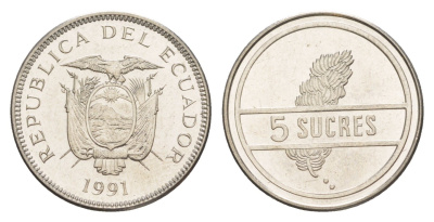Эквадор 5 сукре 1991 KM 91.2 сталь плакированная никелем UNC 4640-1244