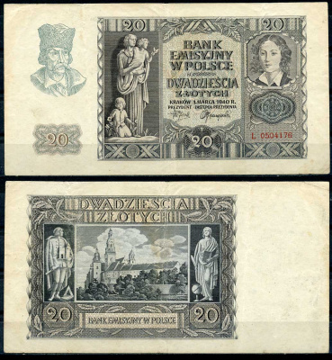 Польша 20 злотых 1940 Эмилия Плятер, королевский замок в Вавеле, Краков Pick 95 a, Розенберг 575 бумага 8607-61-2-2