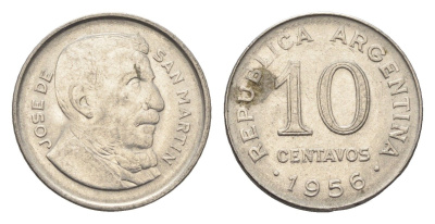 Аргентина 10 сентаво 1956 генерал Хосе де Сан Мартин KM 51 сталь плакированная никелем 4664-555