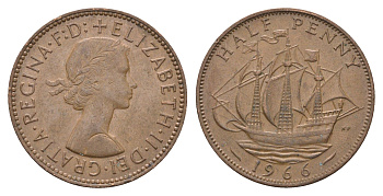 Великобритания 1/2 пенни 1966 Елизавета II (1952-2022) KM 896, Spink 4158 бронза 4663-112