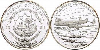 Либерия 20 долларов 2000 серия история Америки, Локхидский скандал, самолет  серебро  PROOF  11-166-44