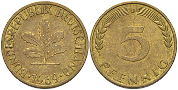 ФРГ 5 пфеннигов 1969 G KM 107, J. 382 сталь плакированная латунью 4514-533