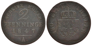 Пруссия 2 пфеннига 1847 A, Фридрих Вильгельм IV (1846-1860) KM 452, AKS 91 медь 186-624