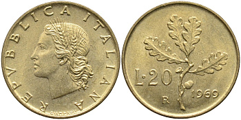 Италия 20 лир 1969 R, дубовая ветвь KM 97.1 алюминиевая бронза 4171-853