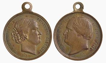 ФРАНЦИЯ МЕДАЛЬ 1879-1891 ИХ ИМПЕРАТОРСКИЕ ВЫСОЧЕСТВА, НАПОЛЕОН ЖОЗЕФ ШАРЛЬ ПОЛЬ БОНАПАРТ (ПРИНЦ ФРАНЦИИ) И ПРИНЦЕССА КЛОТИЛЬДА САВОЙСКАЯ,ДИАМЕТР 23 ММ., ВЕС 5,2 ГР. латунь 02-264-17