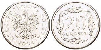 Польша 20 грошей 2008 MW KM 280 медно-никель UNC 4516-1234