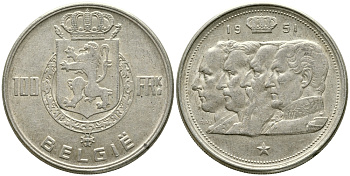 Бельгия 100 франков 1951 Belgie, королевская династия KM 139.1 серебро 1526-1321