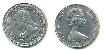 Остров Мэн 1 крона 1976 200 лет независимости США, Джордж Вашингтон КМ 37 медно-никель UNC 58-632