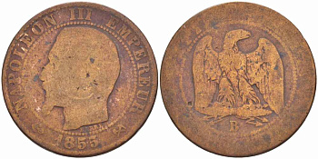 Франция 5 сантимов 1855 B, Наполеон III (1852-1870) KM 777.2, LE FRANC 116.19 бронза 108-351