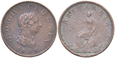 Великобритания 1 фартинг 1806 Георг III (1760-1820) KM 661, Spink 3782 медь 4613-349