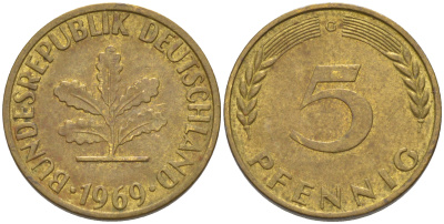 ФРГ 5 пфеннигов 1969 G KM 107, J. 382 сталь плакированная латунью 4514-533