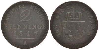 Пруссия 2 пфеннига 1847 A, Фридрих Вильгельм IV (1846-1860) KM 452, AKS 91 медь 186-624