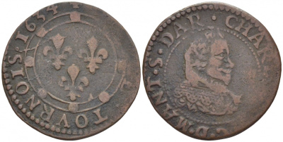ФРАНЦИЯ 2 ТУРНУА 1634 ЛУИ XIII KM 85 медь 3896-644