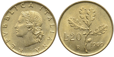 Италия 20 лир 1969 R, дубовая ветвь KM 97.1 алюминиевая бронза 4171-853