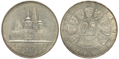Австрия 25 шиллингов 1957 800 лет Базилике Мариацелля KM 2883 серебро aUNC 1520-143