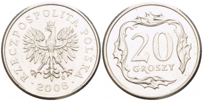 Польша 20 грошей 2008 MW KM 280 медно-никель UNC 4516-1234