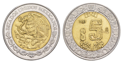 Мексика 5 песо 1997 Mo KM 605 биметалл 4637-647