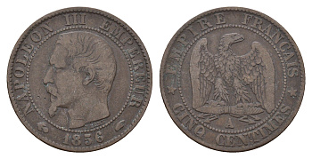 Франция 5 сантимов 1856 B, Наполеон III (1852-1870) KM 777.1 бронза 36-1014