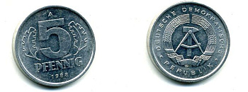 ГДР 5 ПФЕННИГОВ 1988 A алюминий 62-2251