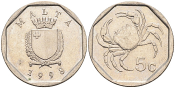 Мальта 5 центов 1995 краб KM 95 медно-никель 4588-138