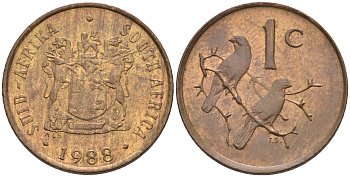 ЮАР 1 ЦЕНТ 1988 ДВЕ ПТИЧКИ НА ВЕТКЕ KM 82 бронза UNC 4594-128