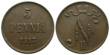 Россия для Финляндии 5 пенни 1913 Николай II (1894-1917) КМ 15, Биткин 453 медь 4382-836
