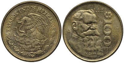 Мексика 100 песо 1990 Мо, Венустиано Карранса де ла Гарса KM 493 алюминиевая бронза 81-641