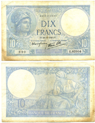 ФРАНЦИЯ 10 ФРАНКОВ 1940 26 ДЕКАБРЯ 1940, МИНЕРВА Pick 84 бумага 7204-2-3