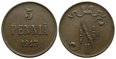 Россия для Финляндии 5 пенни 1913 Николай II (1894-1917) КМ 15, Биткин 453 медь 4382-836