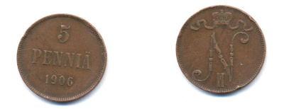 РОССИЯ ДЛЯ ФИНЛЯНДИИ 5 ПЕННИ 1906 Биткин 447 медь 53-732
