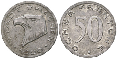 Аахен 50 пфеннигов 1920 гурт 22 угольный Funck 1.11A, Men05 70.35, Men18 99.35 железо 4616-245